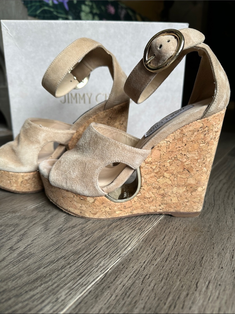 Jimmy Choo Beige Suede Cork Wedge Sandals with Ankle Strap - Picture 3 of 5